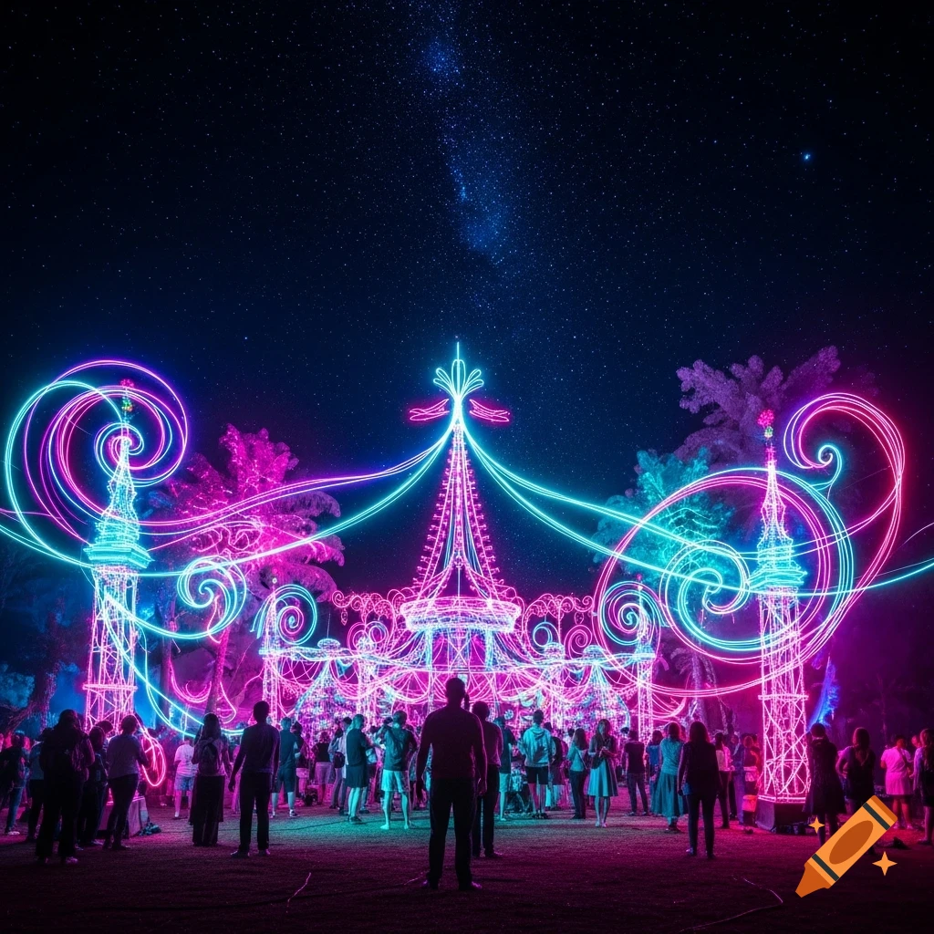 A vibrant night light show with intricate neon pink and blue structures, illuminating a crowd of people under a starry sky.
