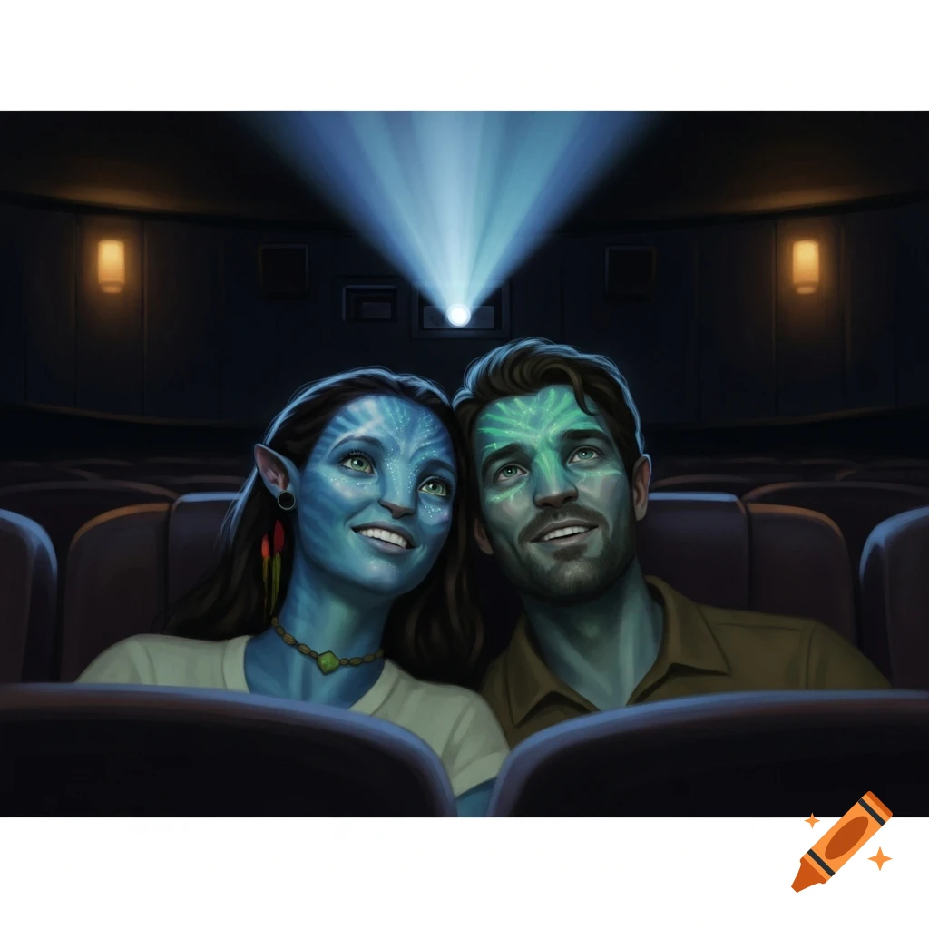A blue-skinned woman and a man with green markings watch a movie in a dark cinema, illuminated by a projector beam.