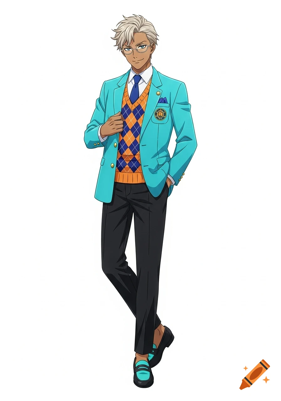 A confident anime male character with tan skin and light blonde hair wears round glasses, a cyan blazer over an orange and navy argyle vest, black chinos, and loafers.