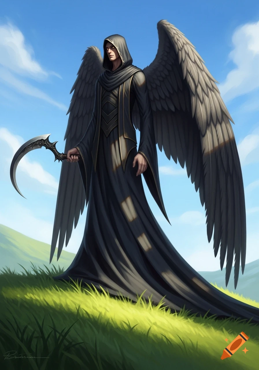 A dark-winged, hooded figure carrying a sickle stands on a sunlit grassy hill against a blue sky in a digital painting.
