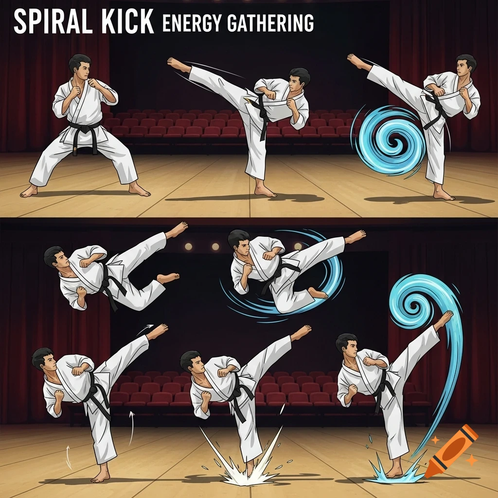 An instructional illustration showing a man in a white gi demonstrating the six steps of a 'Spiral Kick Energy Gathering' technique on a stage.