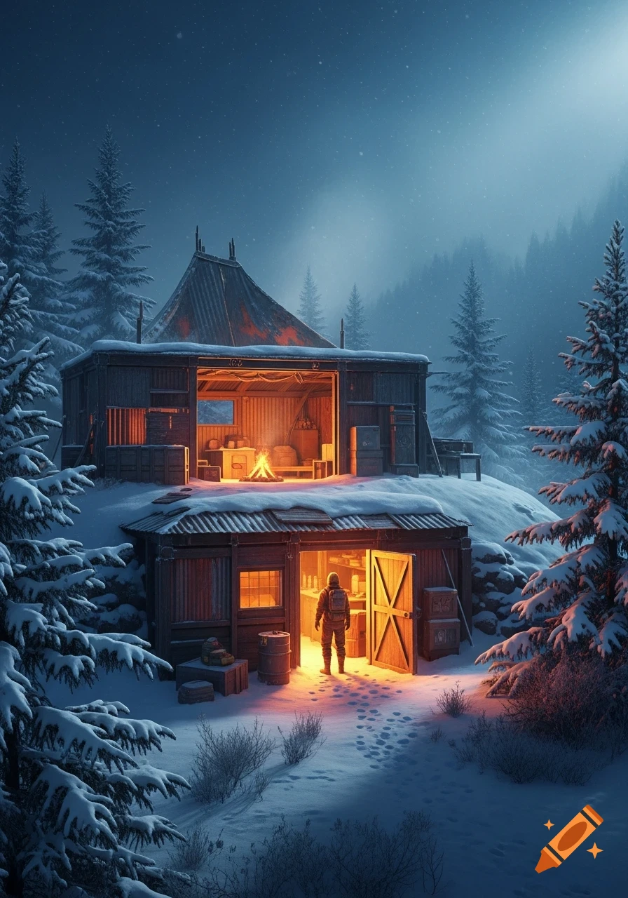 A person in a hazmat suit stands outside a glowing survival base in a snowy, moonlit winter forest.