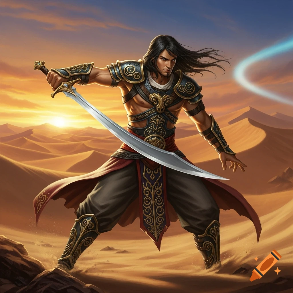 A male fantasy warrior with long dark hair, wearing armor and holding a ...