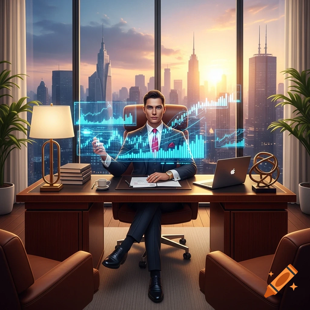 A businessman in a suit sits at a desk in a high-rise office, gesturing towards holographic charts and a city skyline at sunset.