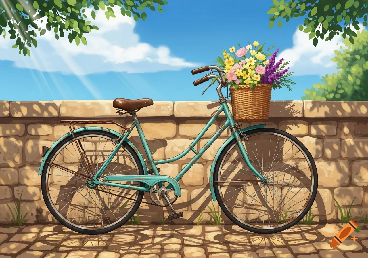 A vintage teal bicycle with a basket of colorful flowers leans against a stone wall on a sunny day.