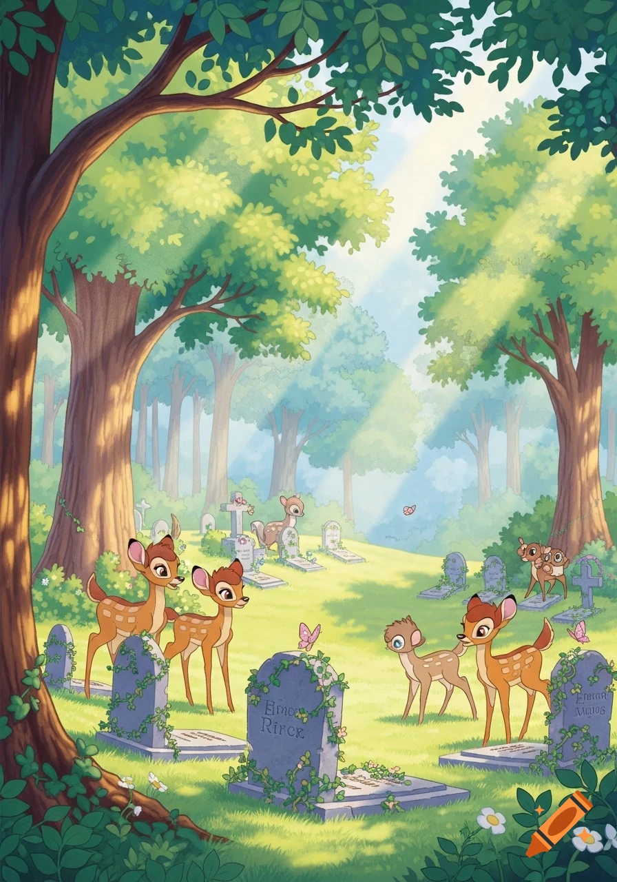 Cartoon deer, resembling Bambi, stand among sunlit gravestones in a lush forest cemetery.