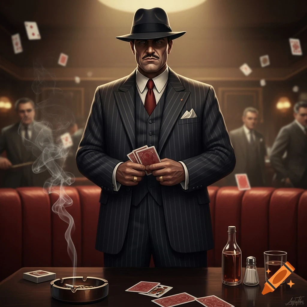 A man in a pinstripe suit and fedora holds playing cards at a table with an ashtray, drink, and other cards. A smoky, dimly lit gambling hall setting with other men in the background.