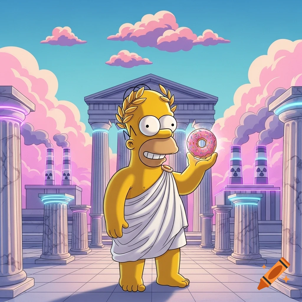 Homer Simpson in a toga and laurel wreath holds a glowing pink donut in a stylized ancient Greek temple setting with industrial smokestacks.