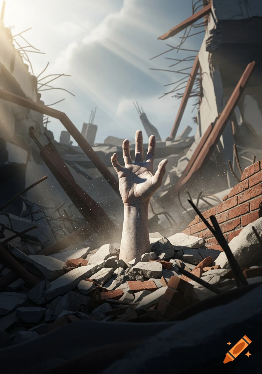 A lone hand reaches skyward from concrete and brick rubble of a destroyed building under dramatic sunlight.