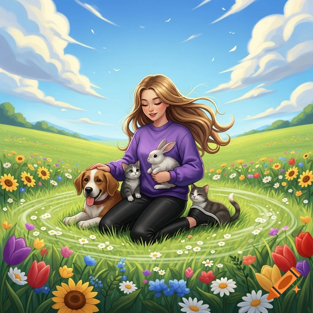A smiling girl with long blonde hair pets a dog, two cats, and a rabbit in a vibrant green meadow filled with colorful flowers under a blue sky.