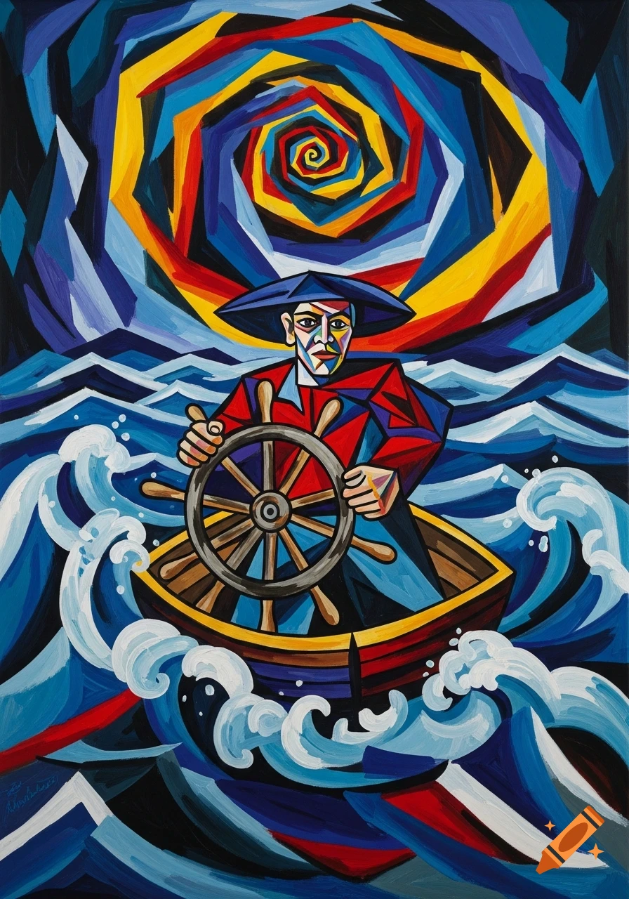 Cubist painting of a man steering a boat through stormy blue and white waves under a swirling yellow, red, and blue sky.