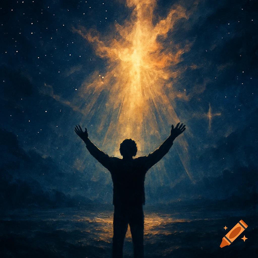 A silhouetted person with raised arms looks towards a bright, glowing light emanating from a star-filled dark blue sky in a painterly style.