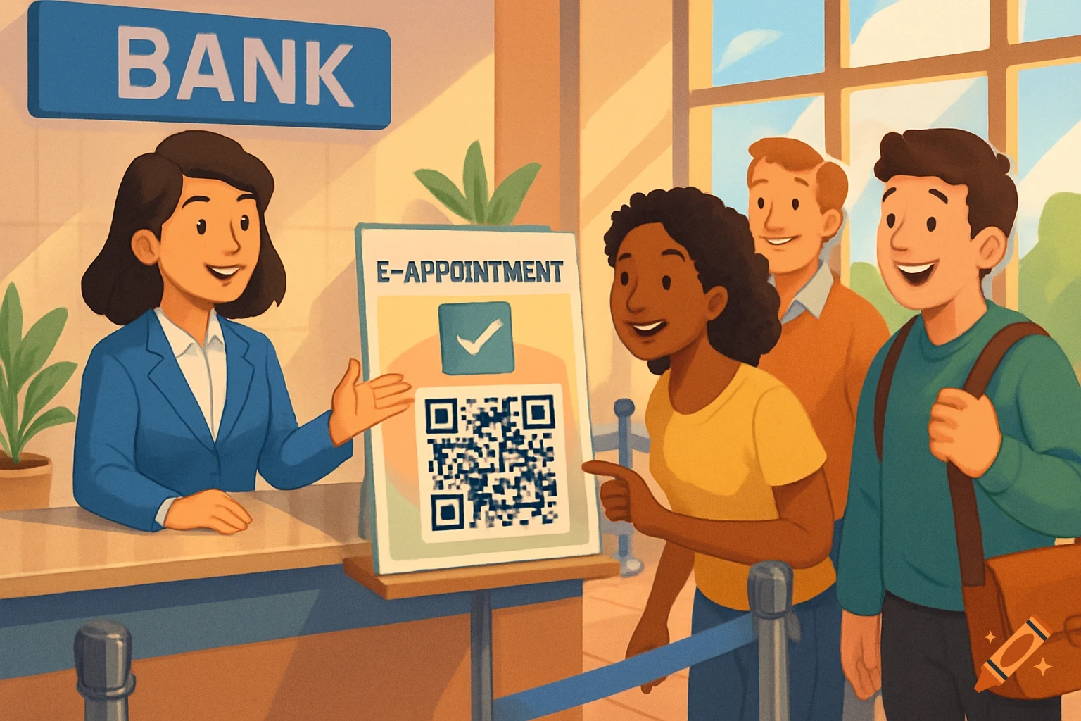 An illustration of a bank teller showing a QR code for e-appointments to three smiling customers at a bank counter.