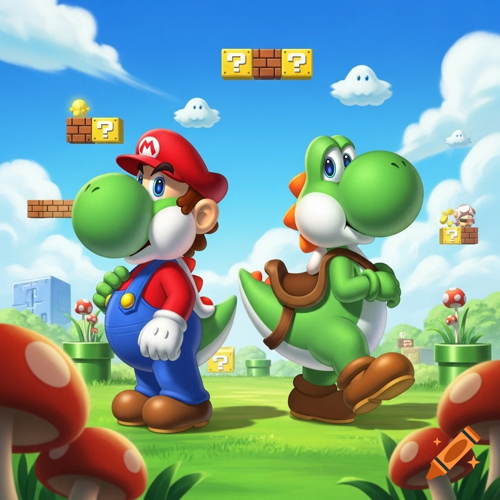 Stylized image of Mario-Yoshi and Yoshi-Mario characters in a vibrant Super Mario landscape with question mark blocks.