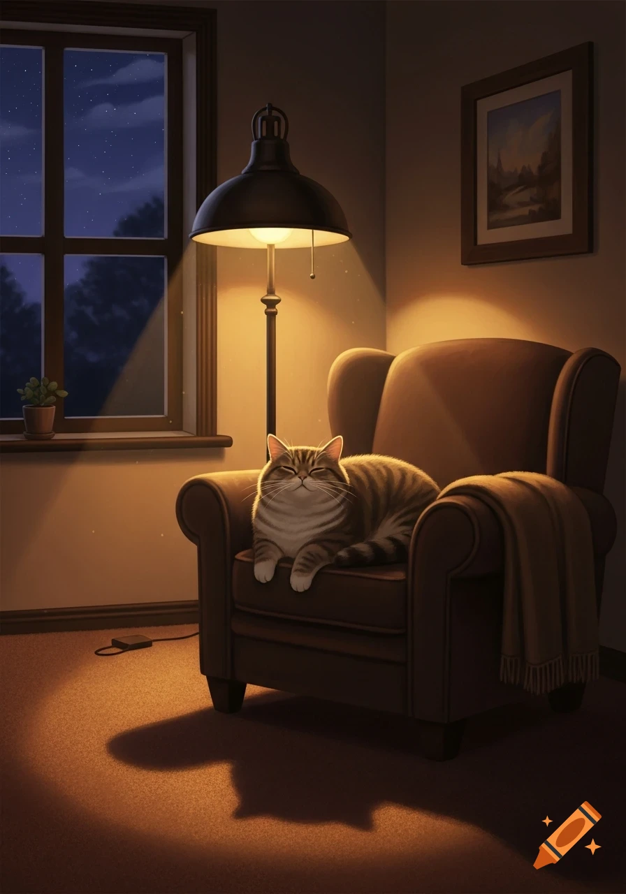 A cozy scene with a striped cat sleeping on a brown armchair under a warm floor lamp, next to a window at night.