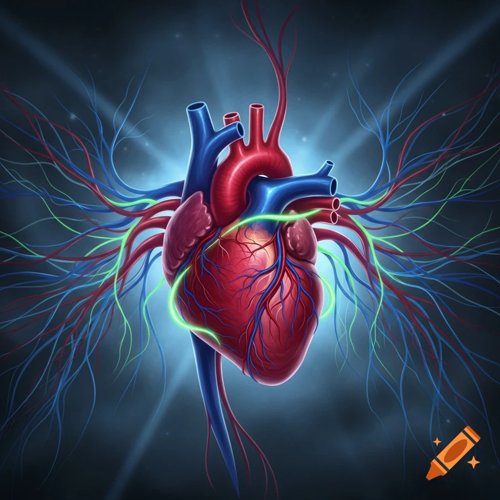 A stylized illustration of a human heart with glowing red, blue, and green veins and arteries on a dark background.