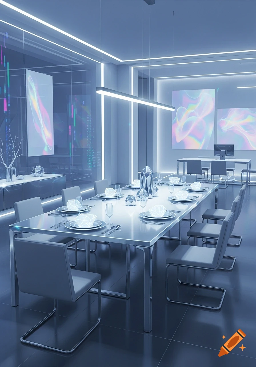 A high-tech futuristic dining room with a long table, sleek chairs, geometric centerpieces, and luminous lighting.