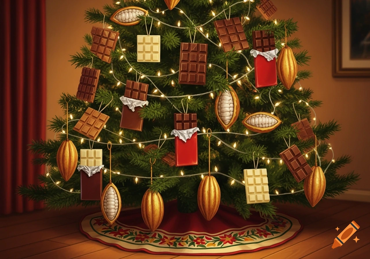 A festive Christmas tree adorned with various chocolate bars and golden cocoa pod ornaments, illuminated by warm lights, standing on a decorated tree skirt.