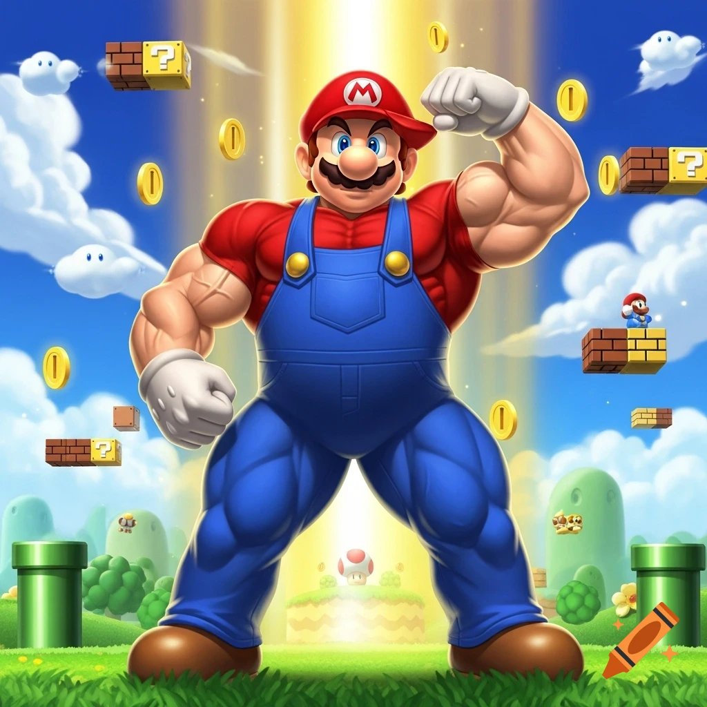 Buff Mario flexes in a vibrant Super Mario Bros. landscape filled with golden coins, question blocks, and green pipes.