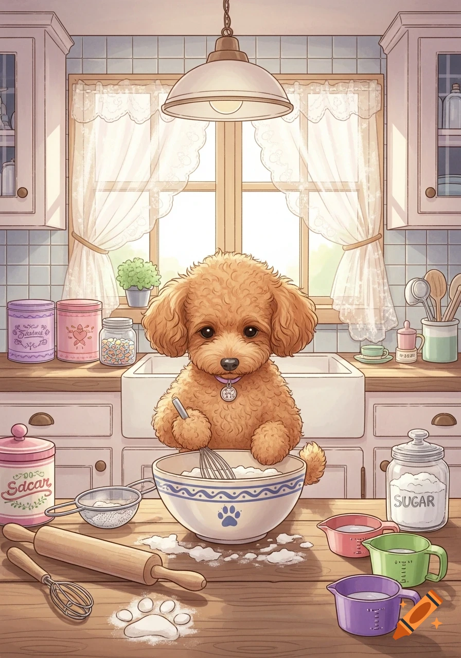 A cute brown toy poodle bakes a cake in a pastel kitchen, mixing ingredients in a bowl on a flour-dusted wooden counter. Illustration.