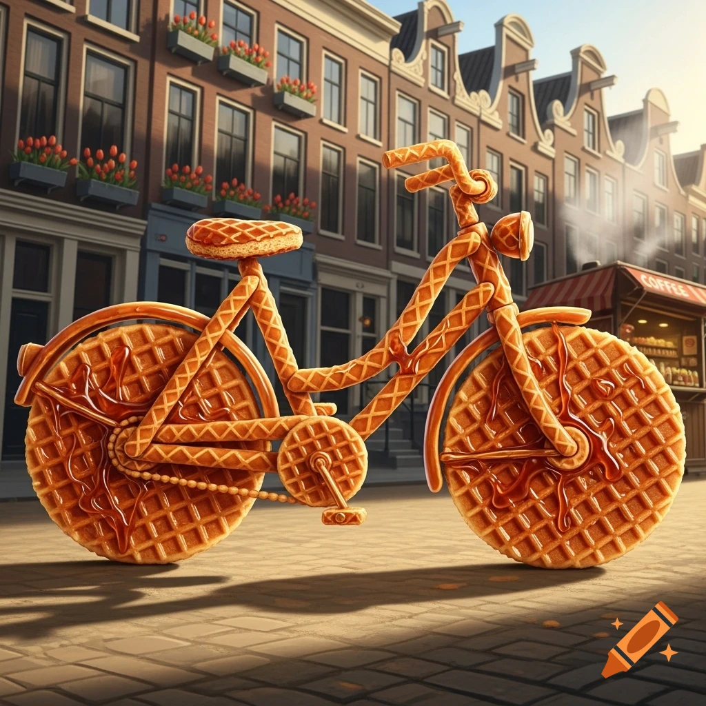 A photorealistic bicycle made of stroopwafels and syrup, parked on a cobblestone street in front of traditional Dutch buildings.