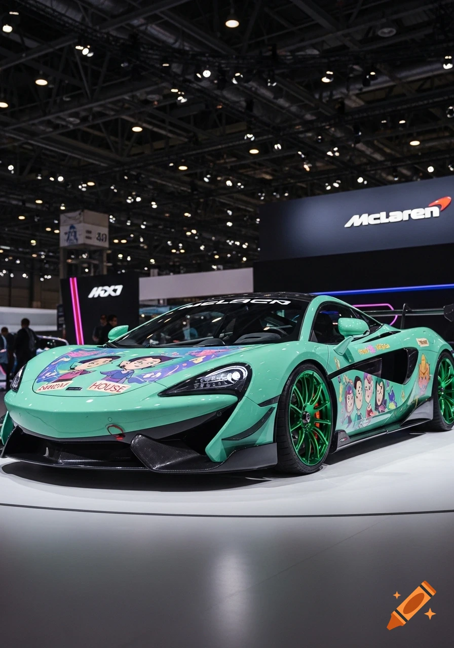 A mint green custom McLaren 720S with anime decor featuring 'OWL HOUSE' text, green wheels, and carbon fiber details, displayed at an auto show.