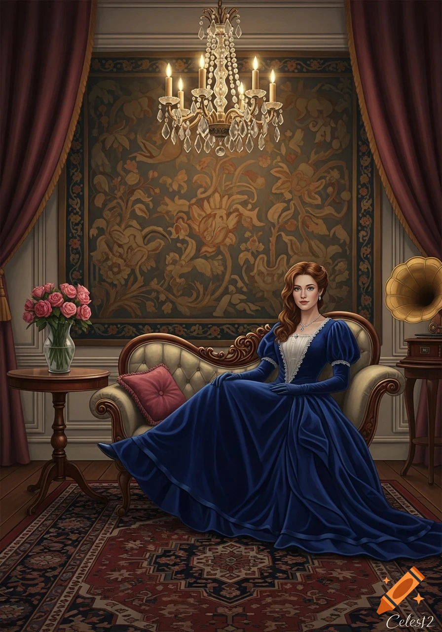 A woman in a blue Victorian dress sits elegantly on a lavish sofa in an opulent room with a chandelier and tapestry.