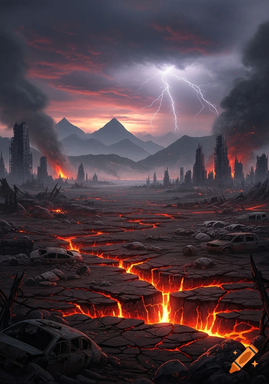 A dark, apocalyptic landscape with glowing lava cracks in the ground, burning city ruins, distant mountains, and lightning in a stormy sky.