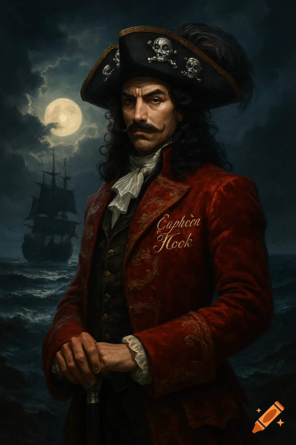Dramatic portrait of Captain Hook in a red coat and pirate hat, standing by a stormy sea with a ship under a full moon.