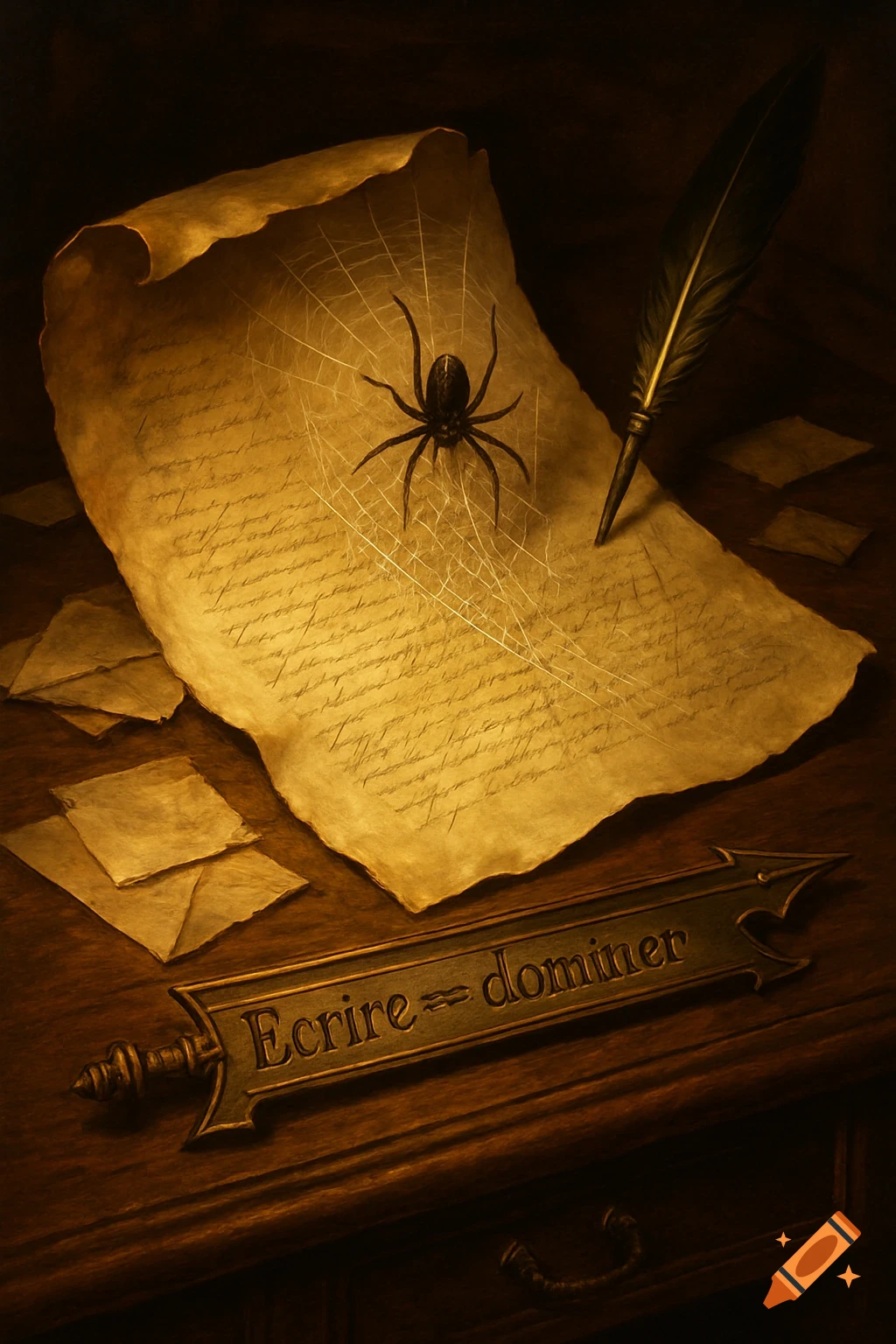 An old, crumpled letter with illegible script and a spider on a web sits on a dark wooden desk. A quill pen rests next to it. A brass plaque on the desk reads "Ecrire = dominer".