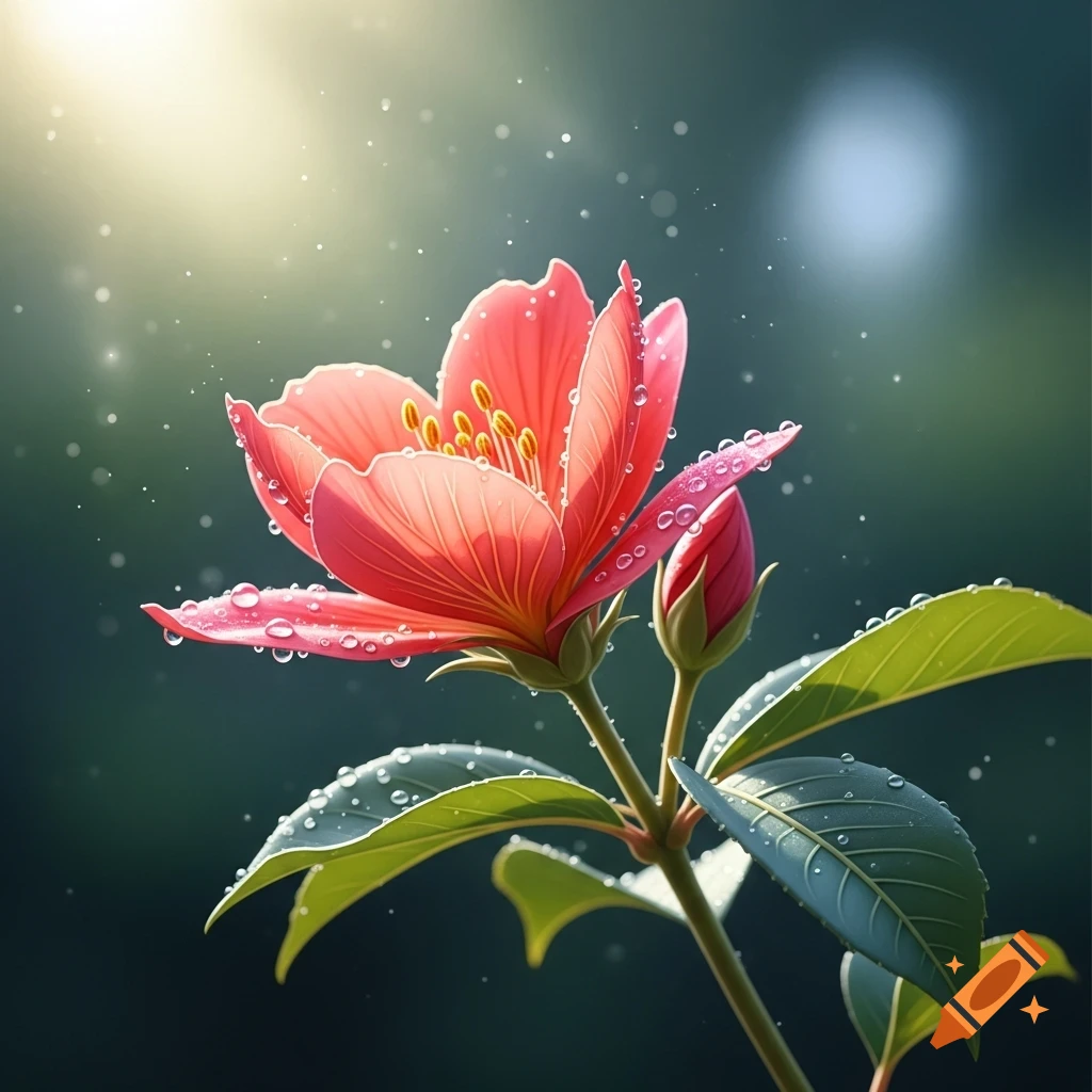 A vibrant pink flower with yellow stamens and glistening water droplets, a bud next to it, against a soft green background with dappled light.