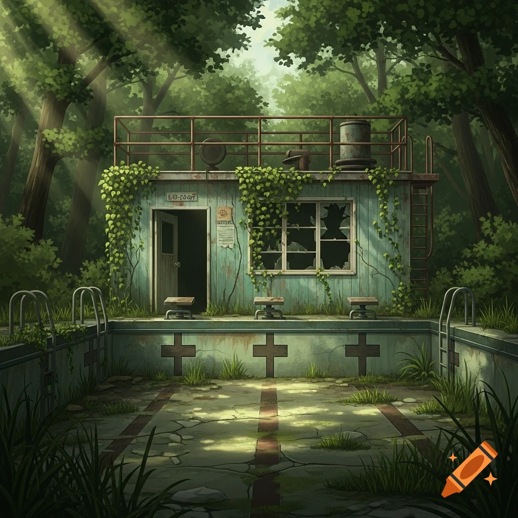 An abandoned, vine-covered swimming pool pump house with a derelict pool in a lush forest with sunbeams.