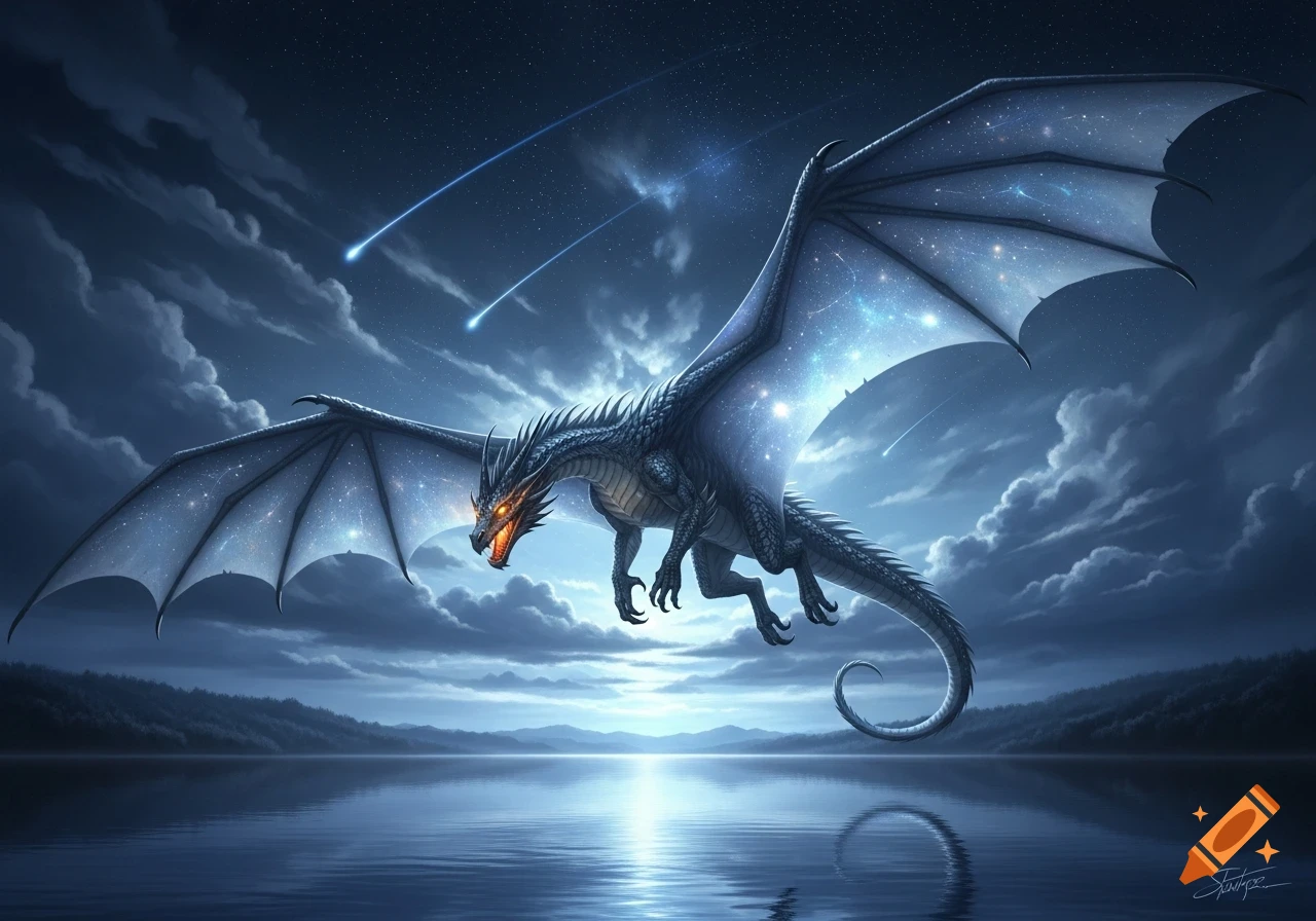 A majestic, dark dragon with glowing eyes and starry wings flies over a tranquil lake under a cloudy, starry night sky with meteor showers.