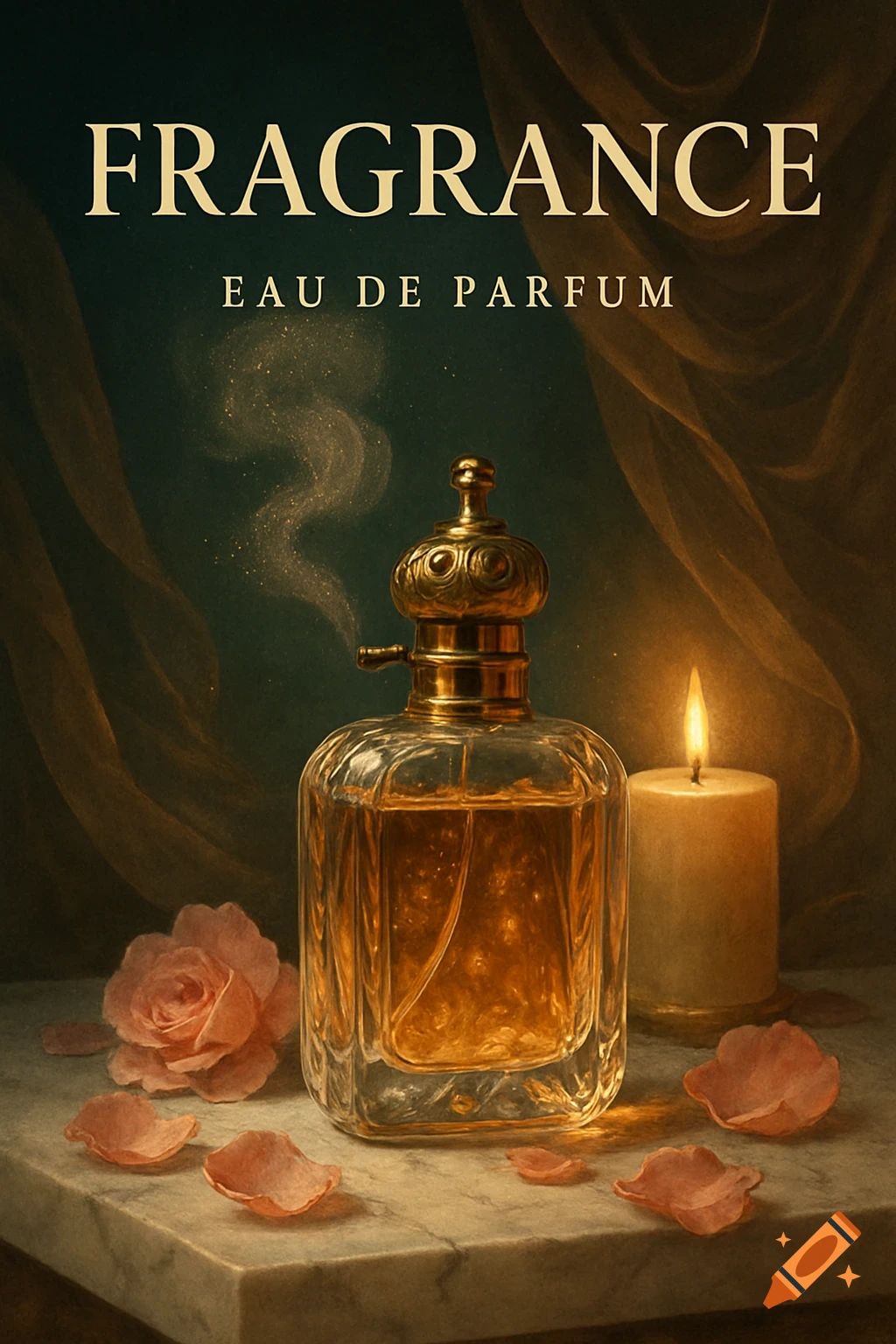 A vintage perfume bottle, lit candle, and pink roses on a marble surface, against a dark, draped background. Text: FRAGRANCE EAU DE PARFUM.