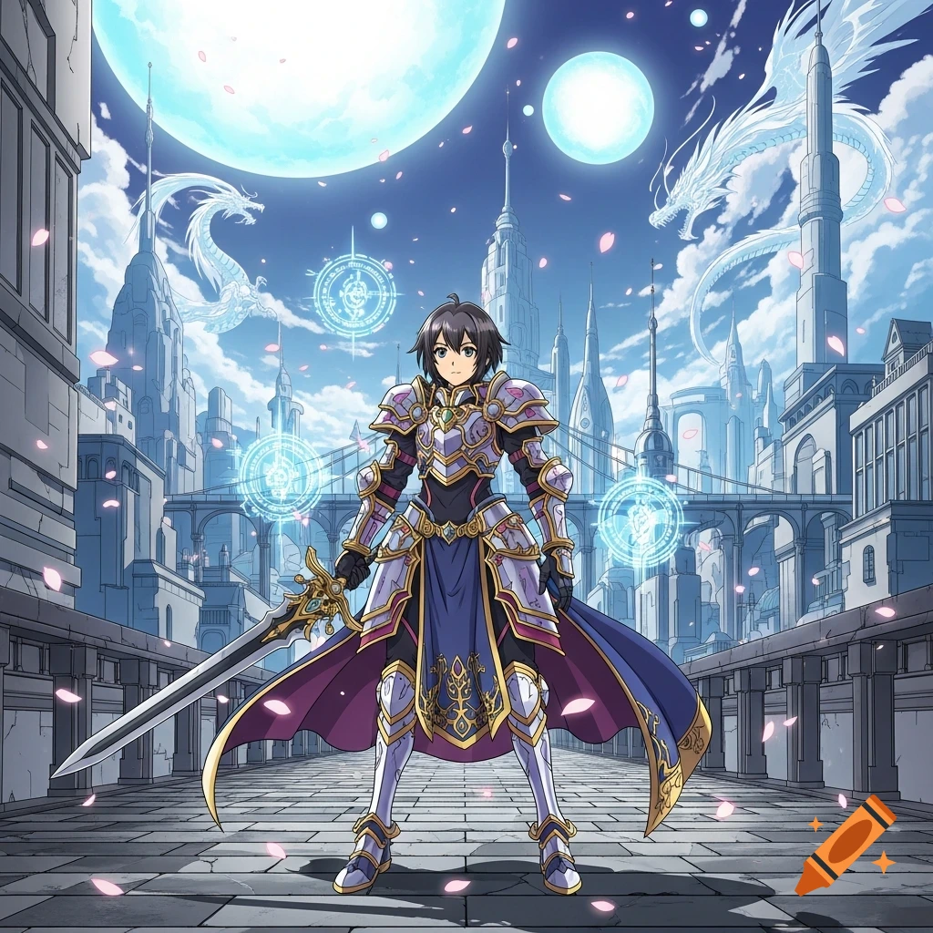 Anime warrior in intricate armor with a sword, standing in a fantasy ...