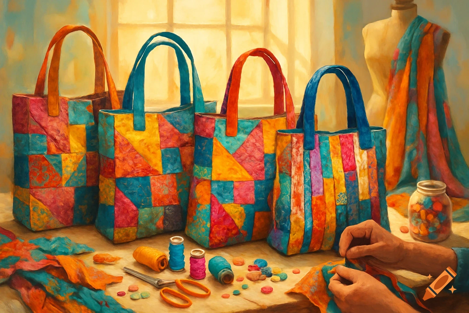 Painterly image of colorful patchwork bags and hands sewing fabric, with spools of thread and buttons on a table.