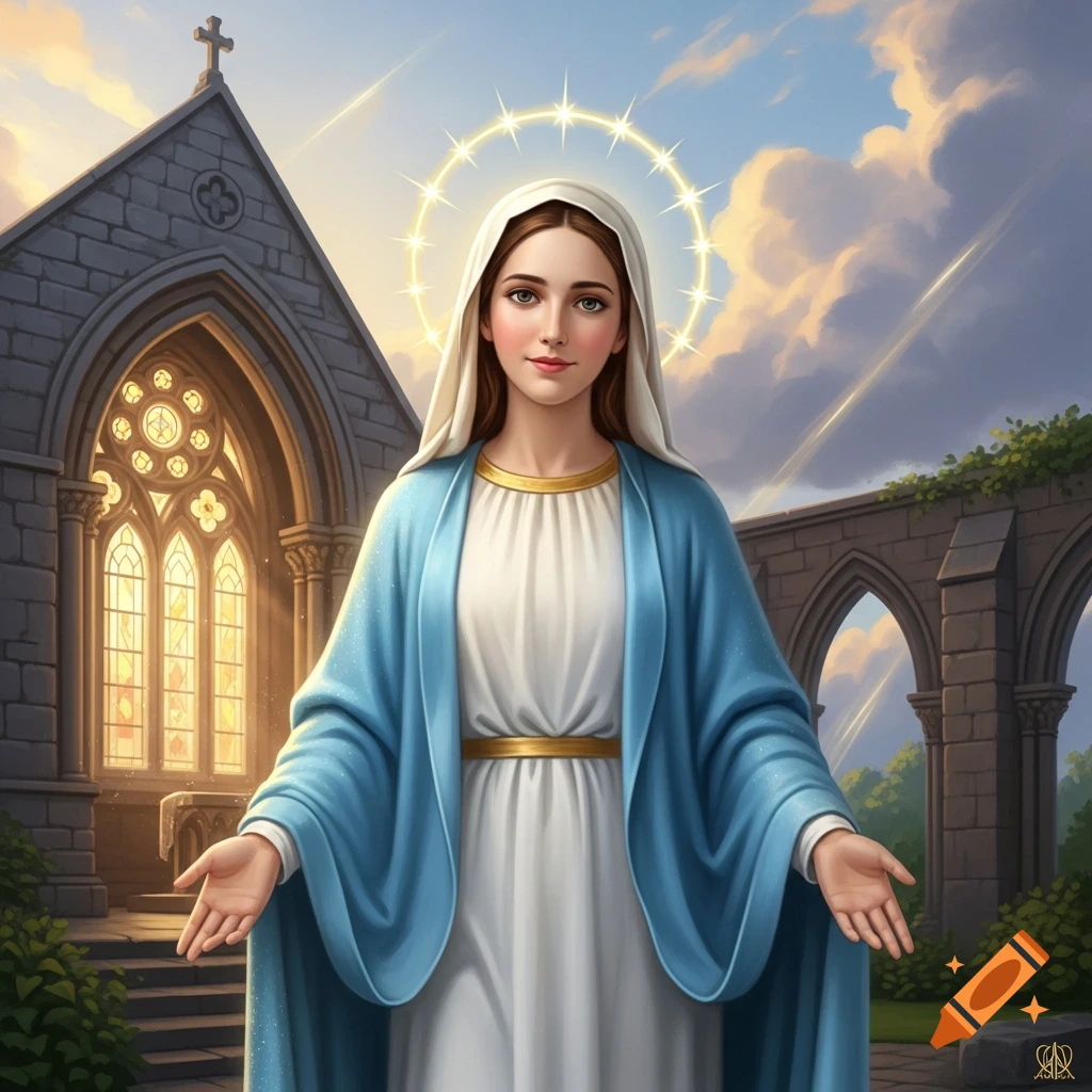 The Virgin Mary in a blue and white robe with a halo, standing before a church and ruins under a bright sky.