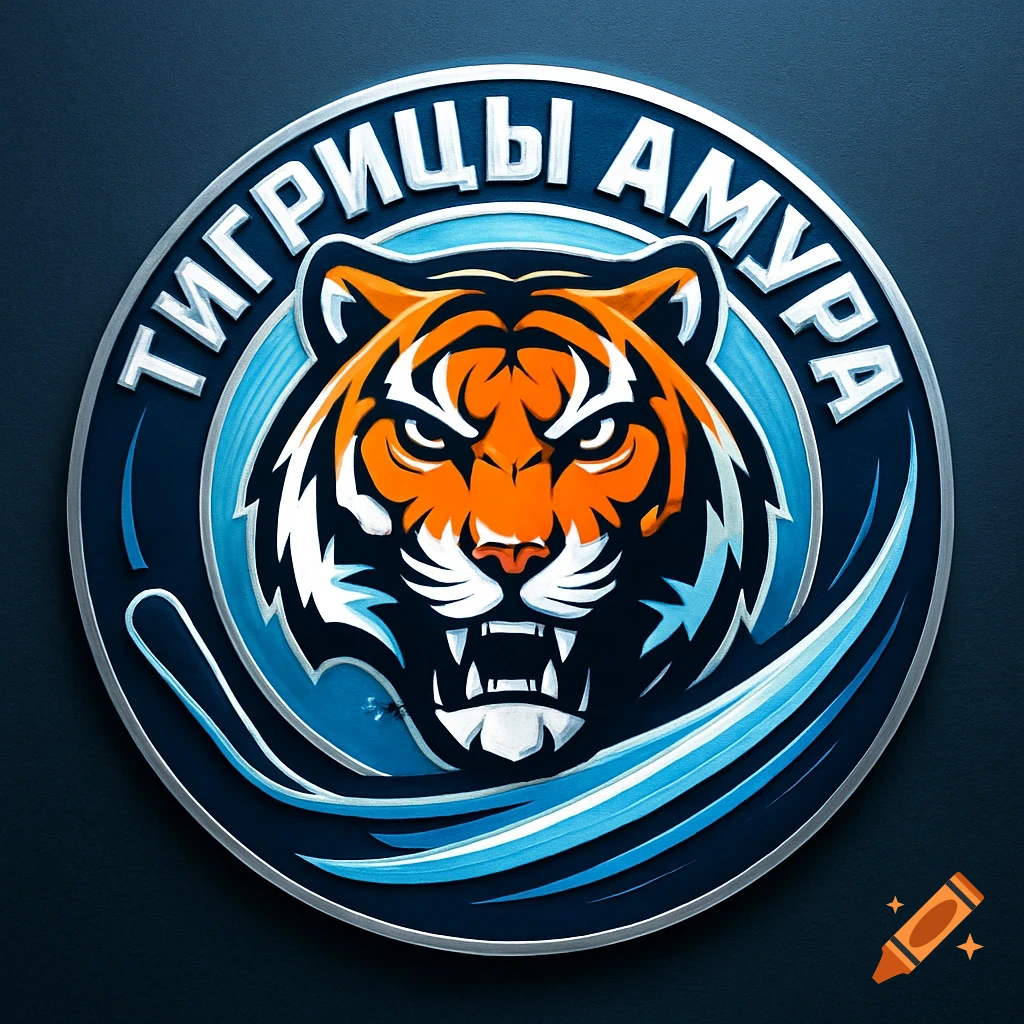 A circular logo featuring a fierce orange, black, and white tiger head, blue waves, and Cyrillic text "ТИГРИЦЫ АМУРА" on a dark background with a silver border.