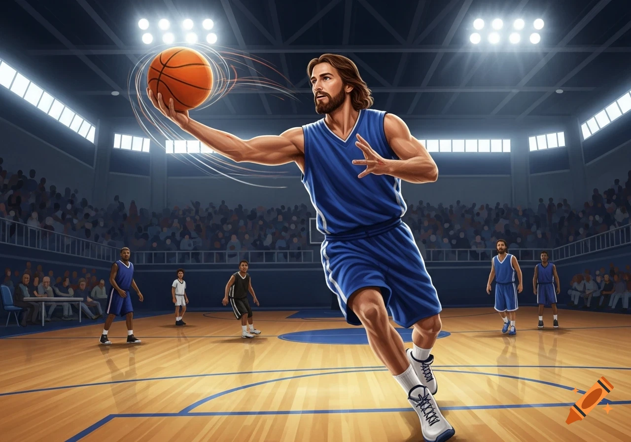 Illustration of Jesus in a blue basketball uniform making a pass on a court with spectators.