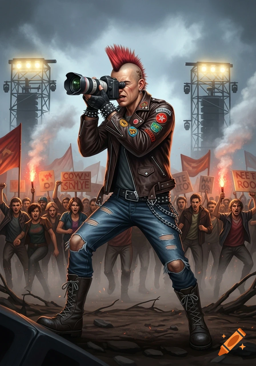 A punk cameraman with a red mohawk and leather jacket photographs a crowd of protestors holding signs and torches at an outdoor event.