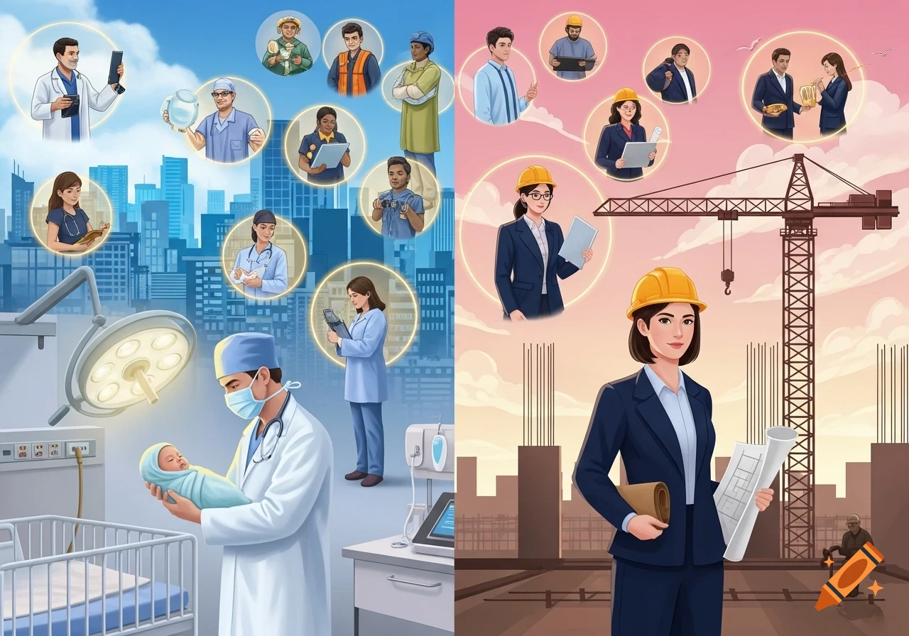 Illustration of various professionals: doctors and service staff on the left with a city, and engineers with construction workers on the right at a building site.