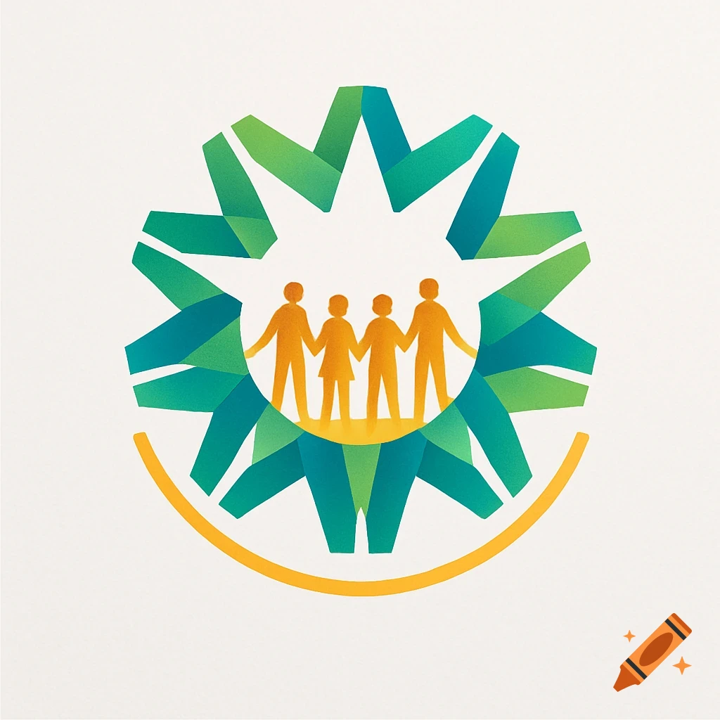 Stylized logo with four orange figures holding hands inside a green and blue gear-like sunburst, with a yellow arc below.