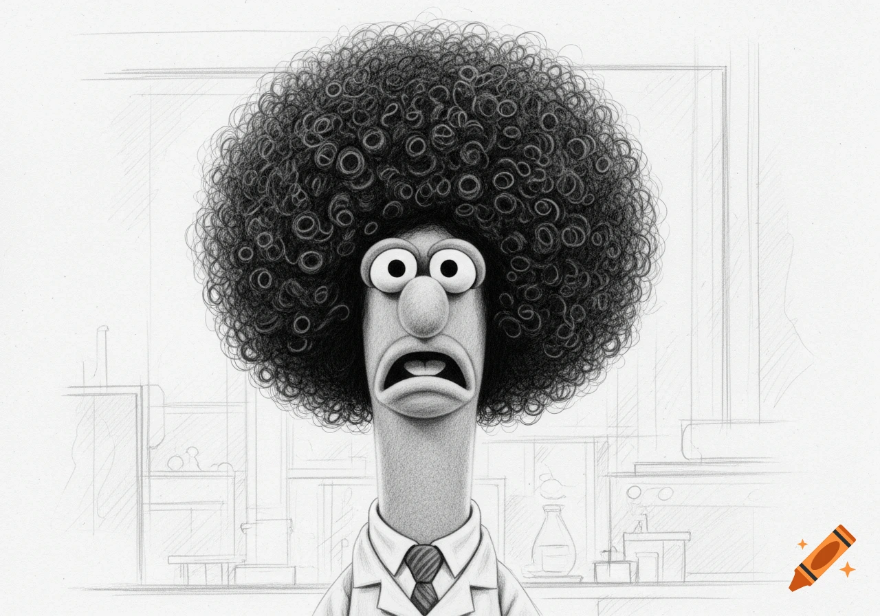 A monochrome pencil drawing of Beaker from the Muppets with a huge afro, wearing a lab coat in a sketchy lab setting.