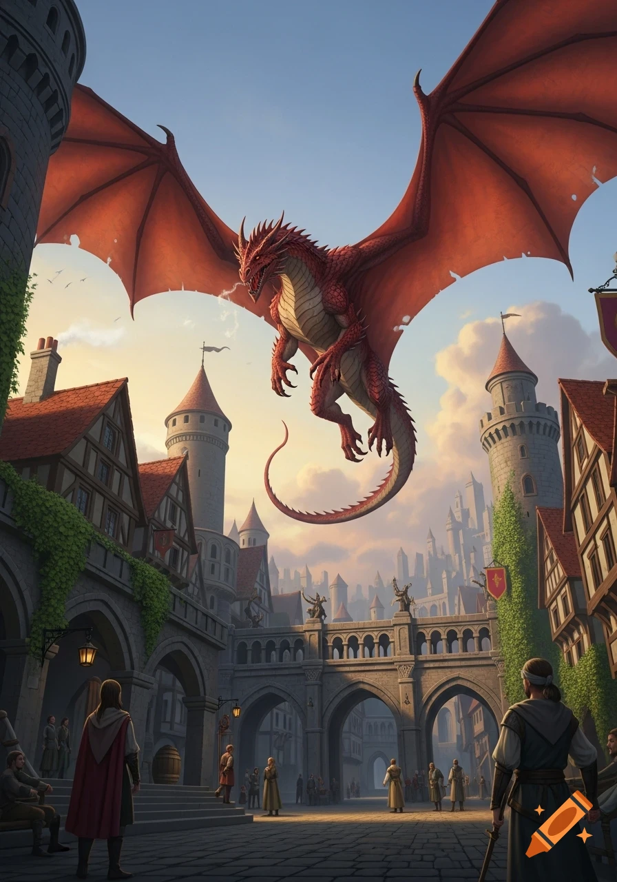 A large red dragon with outstretched wings flies over a medieval city ...