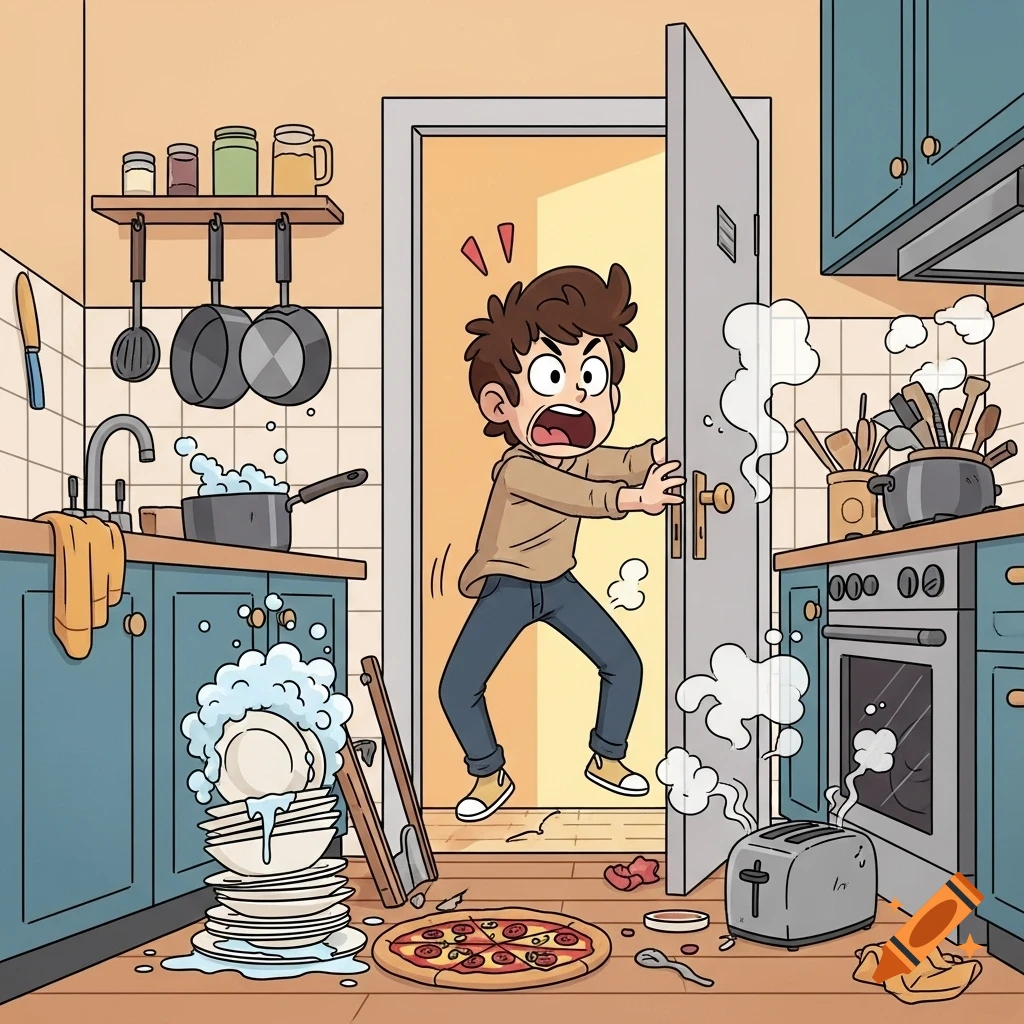 A cartoon person opens a door to a extremely messy kitchen, screaming in shock at the overflowing sink, pizza on the floor, and smoking toaster.