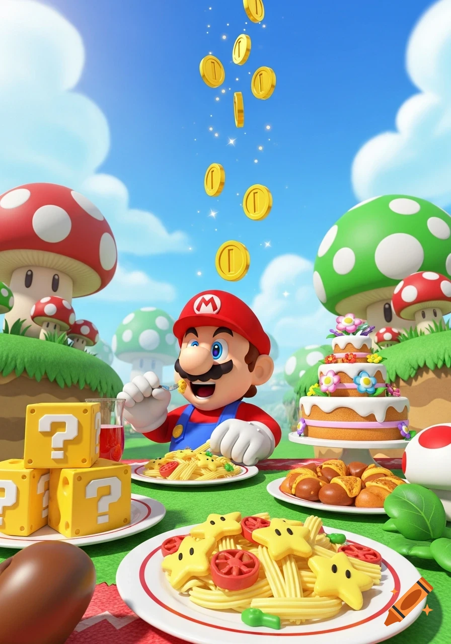 Mario eats pasta at a picnic in a colorful mushroom kingdom with floating gold coins.