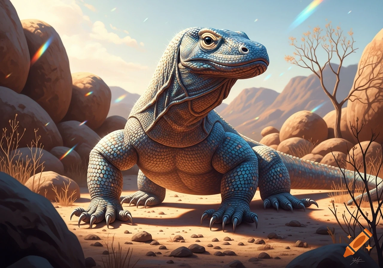 A detailed Komodo dragon with blueish, scale-like skin and rainbow reflections stands in a rocky desert landscape under a clear sky.