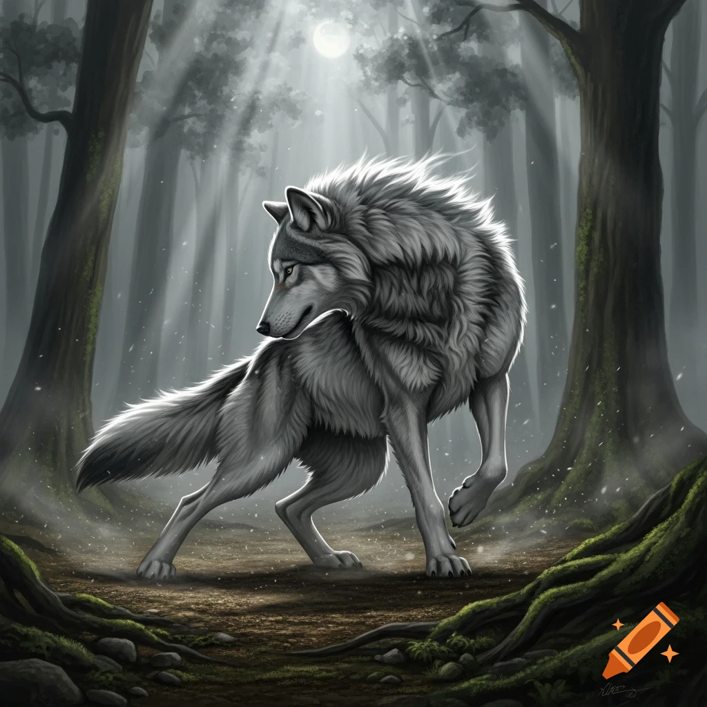Illustrative gray wolf with glowing eyes in a moonlit, misty forest ...