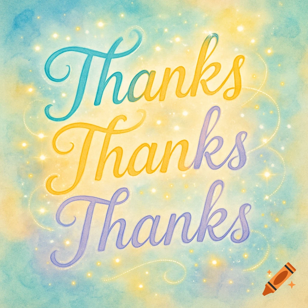 Three lines of the word 'Thanks' in blue, yellow, and purple cursive fonts on a sparkling blue and yellow watercolor background.