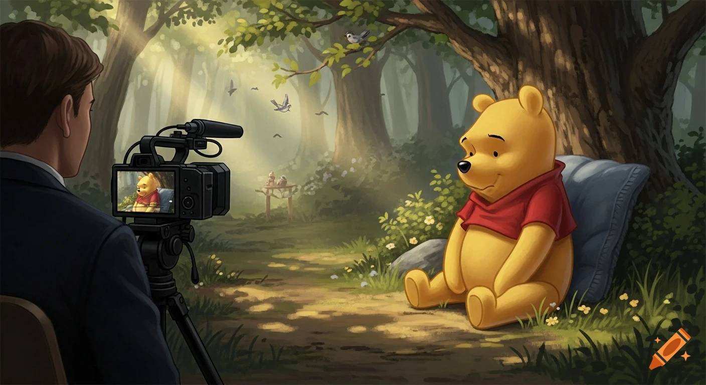 Winnie the Pooh sits sadly by a tree, being filmed by a person with a camera in a sunlit forest, in an illustrated style.